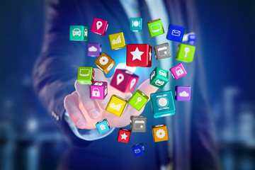 3D render Colorfull application cube displayed on a futuristic interface
