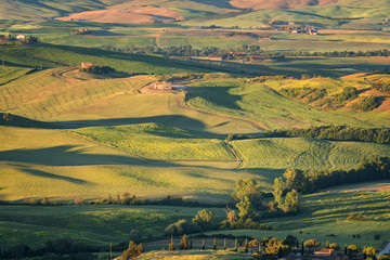 Magnificent spring landscape.Beautiful view of typical tuscan farm house, green wave hills, cypresses trees, hay bales, olive trees, beautiful golden fields and meadows.Tuscany, Italy, Europe