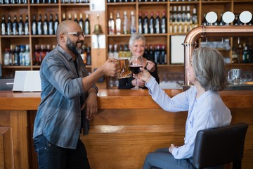 Friends toasting glass of drinks at counter in bar