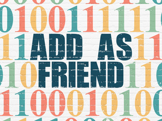 Social network concept: Painted blue text Add as Friend on White Brick wall background with Binary Code