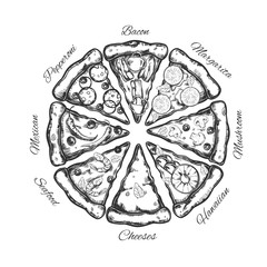 Different types of pizza slices. Vector hand drawn illustration. Sketch styled isolated objects