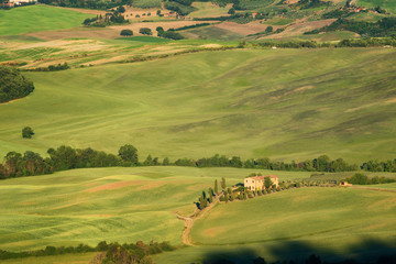 Magnificent spring landscape.Beautiful view of typical tuscan farm house, green wave hills, cypresses trees, hay bales, olive trees, beautiful golden fields and meadows.Tuscany, Italy, Europe