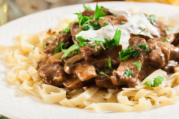 Homemade beef Stroganoff with mushrooms