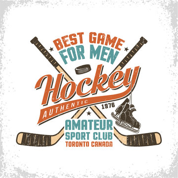 Hockey vintage logo with inscriptions, crossed sticks, retro skates. Worn texture on  separate layer and can be easily disabled.