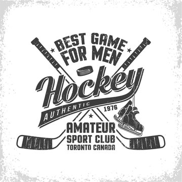Hockey retro emblem for team or sport club with grunge effect.  Worn texture on  separate layer and can be easily disabled.