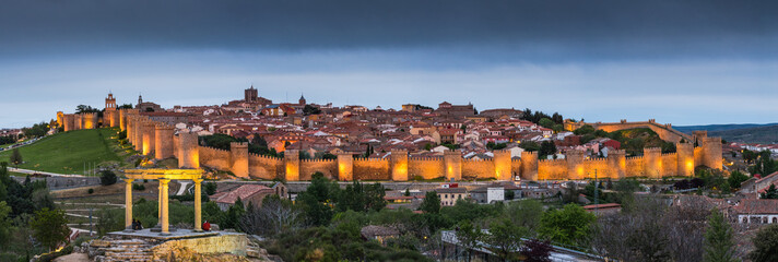 Evening stitched panorama of Avila,Spain - obrazy, fototapety, plakaty