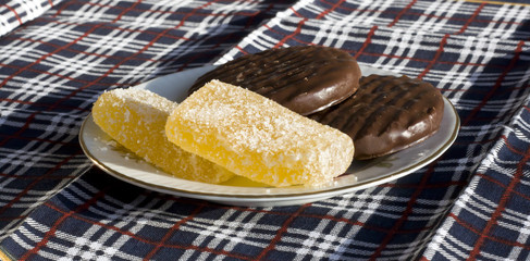 Cookies in chocolate, jujube - sweet treats.