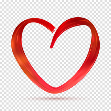 Symbol of Valentine's Day Isolated on Transparent Backdrop. Brush Stroke in the Form of Red Heart Drawn Acrylic Paint. Vector Illustration Template for Festive Card and Holiday Decorarion.