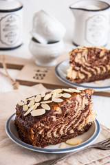 Chocolate cake zebra on a plate