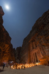 The Treasury, Petra By Night with full monn. An Ancient City of Petra, Al Khazneh in Jordan