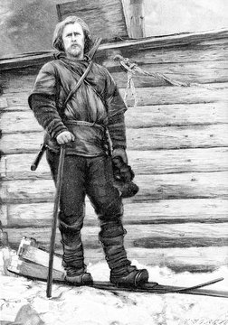 Vintage engraving, portrait of Norwegian explorer Fridtjof Nansen in Franz Josef land in1896