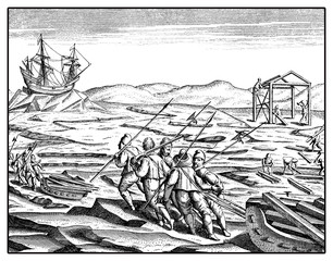 William Barents expedition to Arctic  in the XVI century, construction of a wooden shelter