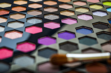 Professional multicolor eyeshadow palette and blurry brush