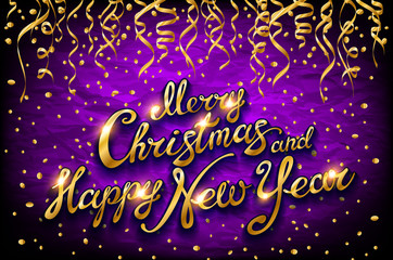 Christmas and New Year typographical on violet background with Gold glitter texture. Vector illustration for golden shimmer background. Xmas card. Vector Illustration