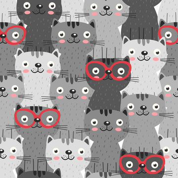 seamless pattern with gray cats in red glasses  - vector illustration, eps