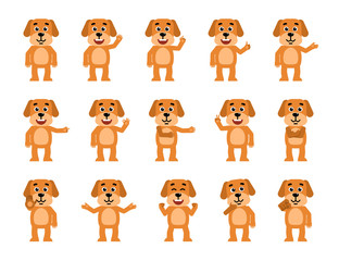 Set of funny yellow dog characters showing different hand gestures. Cheerful dog pointing, greeting, showing thumb up and other gestures. Flat style vector illustration