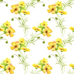 Watercolor seamless pattern with colorful flowers and leaves on white background, watercolor floral pattern, flowers in pastel color, tile for wallpaper, card or fabric. - 181493091