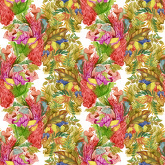 Watercolor seamless pattern with colorful flowers and leaves on white background, watercolor floral pattern, flowers in pastel color, tile for wallpaper, card or fabric. - 181493289