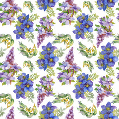 Watercolor seamless pattern with colorful flowers and leaves on white background, watercolor floral pattern, flowers in pastel color, tile for wallpaper, card or fabric. - 181493448