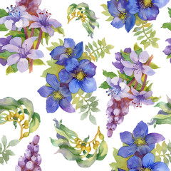 Watercolor seamless pattern with colorful flowers and leaves on white background, watercolor floral pattern, flowers in pastel color, tile for wallpaper, card or fabric. - 181493459