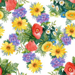 Watercolor seamless pattern with colorful flowers and leaves on white background, watercolor floral pattern, flowers in pastel color, tile for wallpaper, card or fabric. - 181493601