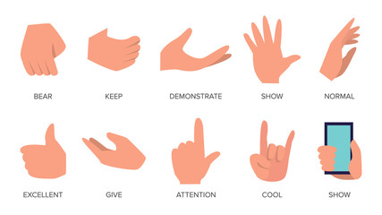Gestures Set Vector. Hands In Different Emotions. Various Arm Gestures Signs. Flat Cartoon Isolated Illustration