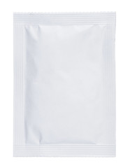Sealed blank white paper pouchbag bag with foil layer inside isolated on white background.