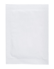 Sealed blank white paper pouchbag bag with foil layer inside isolated on white background.