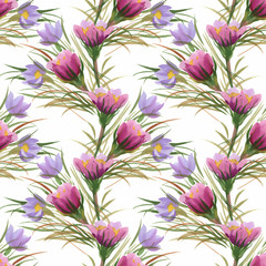 Watercolor seamless pattern with colorful flowers and leaves on white background, watercolor floral pattern, flowers in pastel color, tile for wallpaper, card or fabric.