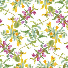 Watercolor seamless pattern with colorful flowers and leaves on white background, watercolor floral pattern, flowers in pastel color, tile for wallpaper, card or fabric.