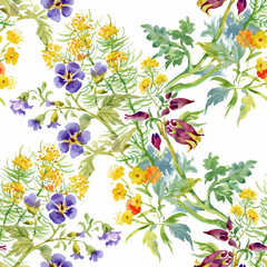 Watercolor seamless pattern with colorful flowers and leaves on white background, watercolor floral pattern, flowers in pastel color, tile for wallpaper, card or fabric.