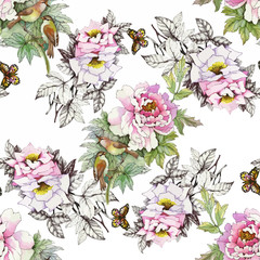 Watercolor seamless pattern with colorful flowers and leaves on white background, watercolor floral pattern, flowers in pastel color, tile for wallpaper, card or fabric.