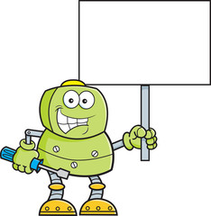 Cartoon illustration of a robot holding a wrench and a sign.