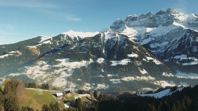Stunning Drone footage over the high mountain alpine peaks of the Dents du Midi overlooking Champery in Switzerland.
