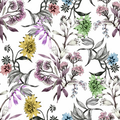 Watercolor seamless pattern with colorful flowers and leaves on white background, watercolor floral pattern, flowers in pastel color, tile for wallpaper, card or fabric.