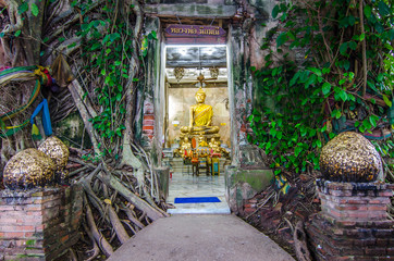 Unidentified people pray golden Buddha statue inside the ancient temple of Wat Bang Kung. 