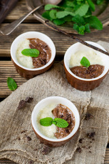 Chocolate and vanilla custard cream dessert Vla served with mint leaves