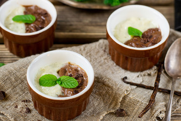 Chocolate and vanilla custard cream dessert Vla served with mint leaves