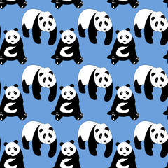 Seamless abstract pattern with hand-drawn cute pandas. Little boy blue color background