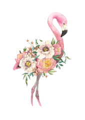 exotic bright bird Flamingo with blooming flowers. Isolated decorative element. Watercolor bird concept. Tropical concept. flower concept - 181496277