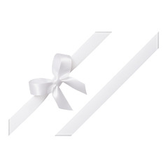 White bow tied using silk ribbon, cut out top view, corner