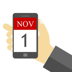 1 November - Businessman holding mobile phone with 1 Nov SMS -  illustration - Vector