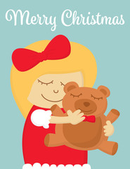 Pretty little girl hugging her teddy bear, Little girl got the cute teddy bear for Christmas gift, Merry Christmas and Happy New Year