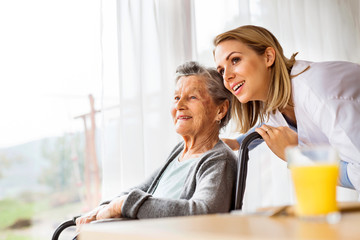 Health visitor and a senior woman during home visit. - obrazy, fototapety, plakaty