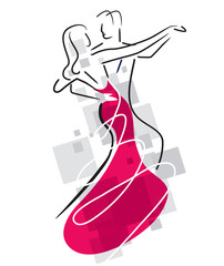 Balroom Dancers Couple.
Stylized illustration of Young couple dancing ballroom dance. Vector available. 