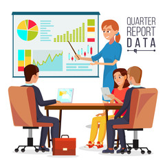 Corporate Business Meeting Vector. Woman Manager Explaining Quarter Report Data. Teamwork. Chatting In Conference Room. Projecting Screen. Flat Cartoon