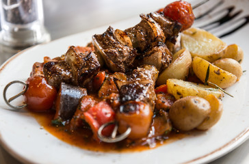tasty beef steak kabobs with vegetables