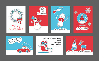 Fototapeta na wymiar Collection of 7 cute Merry Christmas and Happy New Year cards. Set of printable hand drawn holiday posters templates. Vector seasonal postcard design.