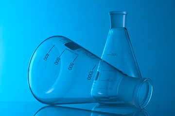 Laboratory Glassware in blue table in laboratory