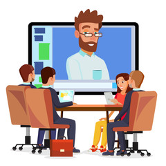 Online Video Conference Vector. Man And Chat. Director Communicates With Staff. Webinar. Business Meeting, Consultation, Seminar, Online Training Concept. Flat Cartoon Isolated Illustration